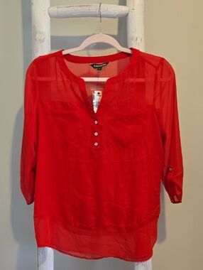 Express Red Semi-Sheer Henley Blouse NWT Small